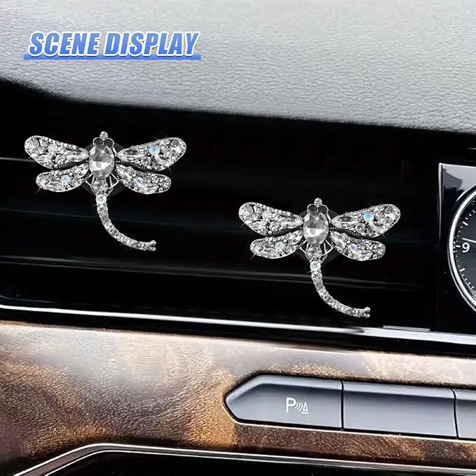 2PCS Bling Dragonfly Car Air Vent Clips, Crystal Rhinestone Car Air Conditioning Outlet Clip, Universal Cute Vehicle Interior Diffuser Decoration Accessories for Women(White)