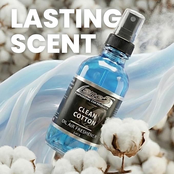 LANE’S Premium Car Air Freshener "Clean Cotton" - 4oz Oil-Based, Long-Lasting Auto Scent Spray - Food, Pet, Odor Smell Deodorizer for Cars, Trucks, SUVs' Interior Leather, Carpet, Upholstery