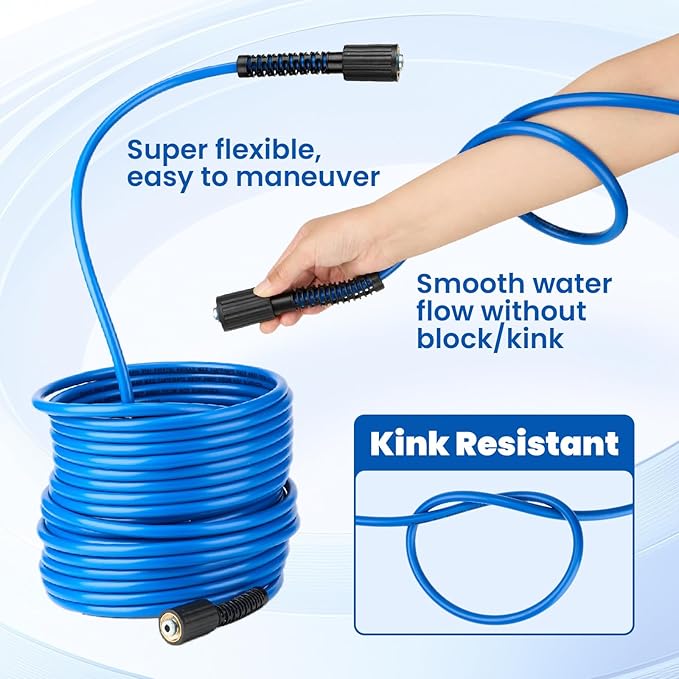Twinkle Star Super Flexible Pressure Washer Hose 50ft, 5800 PSI Kink Resistant Power Washer Hose 1/4 in., Replacement Power Wash Hose with Stainless Steel M22 and 3/8" Quick Connection Kit