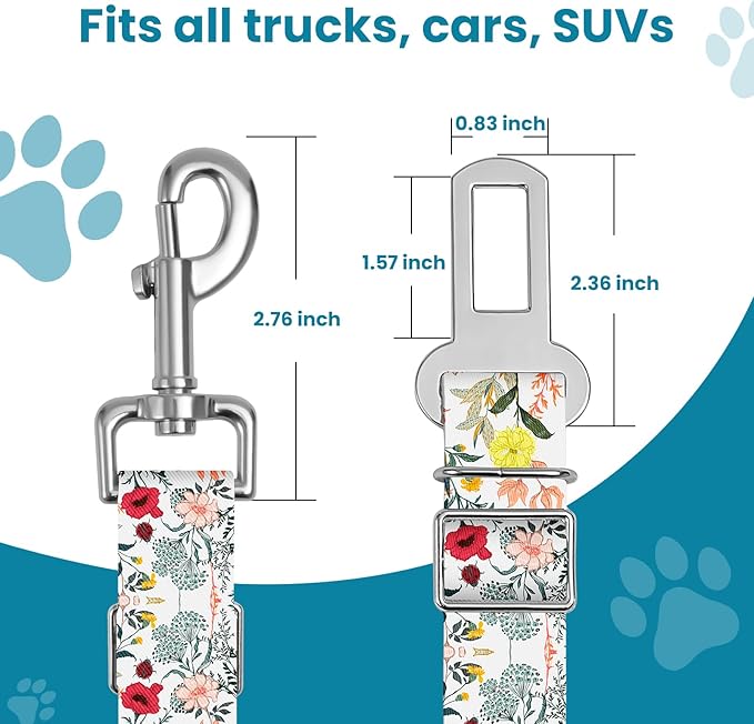 Adjustable pet cat and Dog car seat Belt， The Lanyard is Flexible and Adjustable from 20 to 33 inches (White Flower)