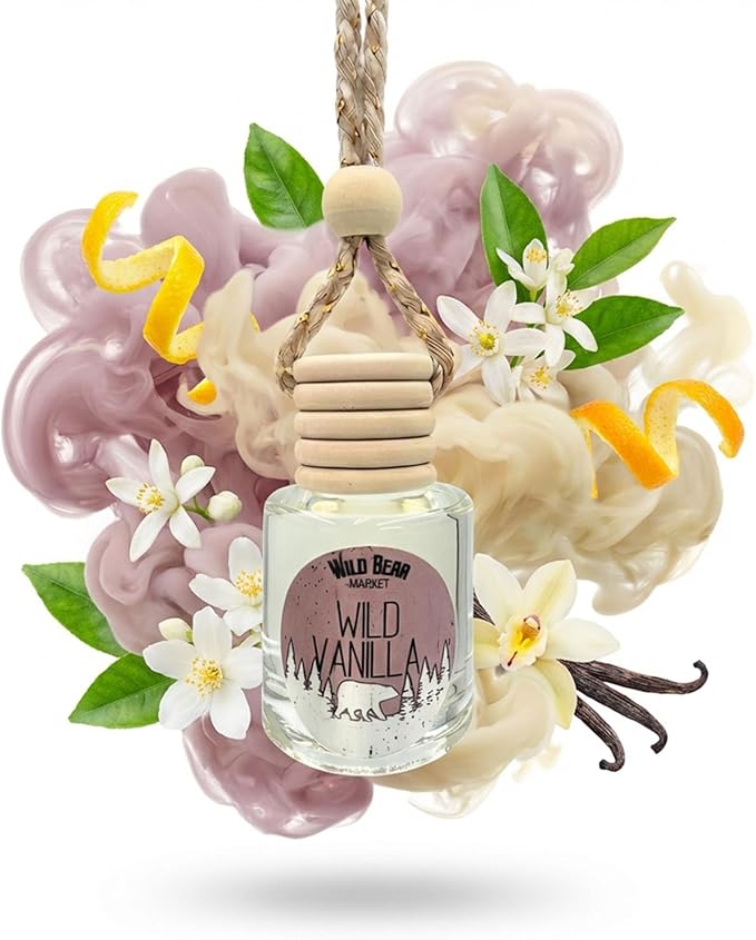 Wild Vanilla Hanging Car Air Freshener Diffuser, Long Lasting Natural Fragrance Oil Car Freshener, Glass Bottle, Auto Air Deodorizer, Made in USA Toxin Free