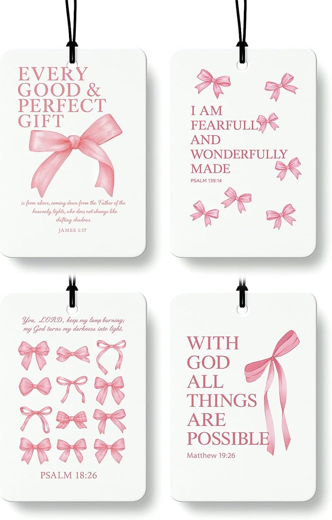 Pink Christian Car Air Freshener 4 Pcs, Coquette Bow Inspirational Religious Hanging Air Freshener for Cars Closet Drawer Books, Girly Christian Car Accessories Mirror Decor for Women