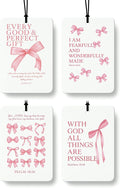 Pink Christian Car Air Freshener 4 Pcs, Coquette Bow Inspirational Religious Hanging Air Freshener for Cars Closet Drawer Books, Girly Christian Car Accessories Mirror Decor for Women