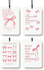 Pink Christian Car Air Freshener 4 Pcs, Coquette Bow Inspirational Religious Hanging Air Freshener for Cars Closet Drawer Books, Girly Christian Car Accessories Mirror Decor for Women