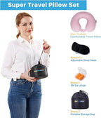 SAIREIDER Travel Neck Pillow 100% Memory Foam, Airplane Rest Prevents Head from Falling Forward, Plane Accessories with Storage Bag, Sleep Mask and Earplugs (Pink)