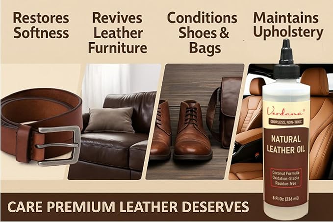 Verdana Leather Conditioner Oil – 8 Fl Oz – Plant-Based, Non-Toxic Leather Conditioner for Couches, Car Seats, Boots, Shoes, Jackets & Purses – Natural, Odorless Conditioning Oil