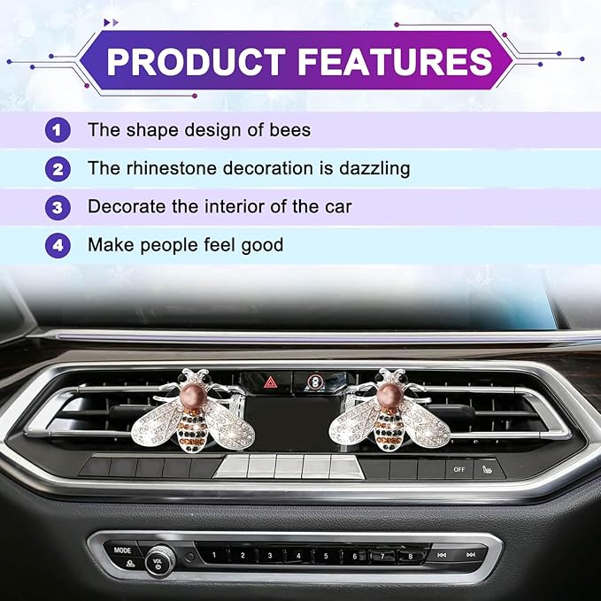 Shiny Bee Air Outlet Clips, Crystal Air Fresheners Vent Clips, Car Diffuser Vent Clip Rhinestone Diamond Interior Decor, Car Decoration, Bling Car Accessories (2 Pcs Silver)