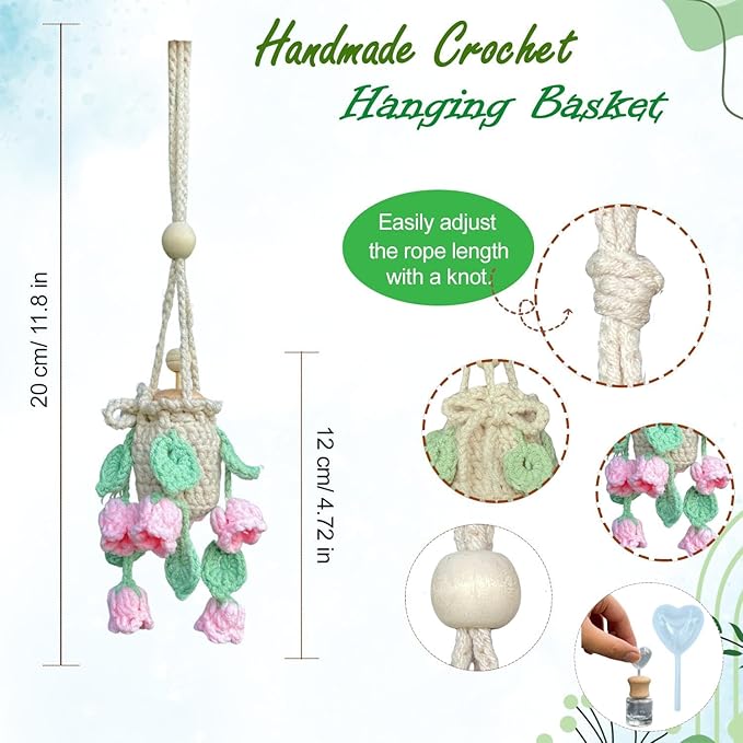 Handmade Crochet Hanging Essential Oil Diffuser Plant for Car Air Freshener | Cute Décor Knitted Succulent Fresheners for Refillable Scent Oils Holder Deffusers (Bellflower)