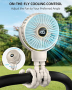 Portable Stroller Mini Fan, Small Rechargeable Personal Fan, Travel Essentials for Baby, Wagon, Car Seat, Treadmill, Battery Powered Biking Gear Accessories, 360° Rotation, 3-Speed, Display, Beige