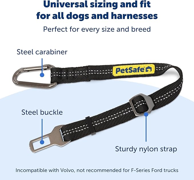 PetSafe Safety Seatbelt Tether – Adjustable Dog Seat Belt for Car – Works with Any Harness – Carabiner Clip, Black – 1 Seat Belt Tether