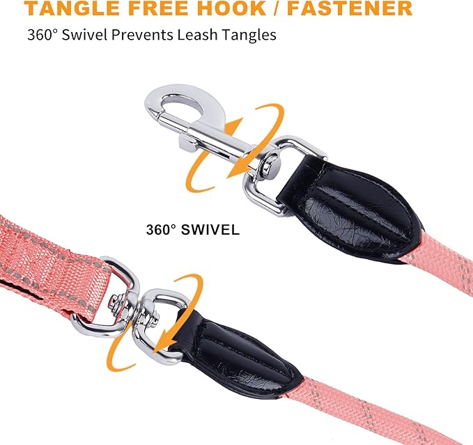 6FT Heavy Duty Dog Leash for Small Medium Large Dogs, Tangle Free Reflective Dog Training Leash with Double Handle, Seat Belt Buckle & Poop Bag Holder (Pink)
