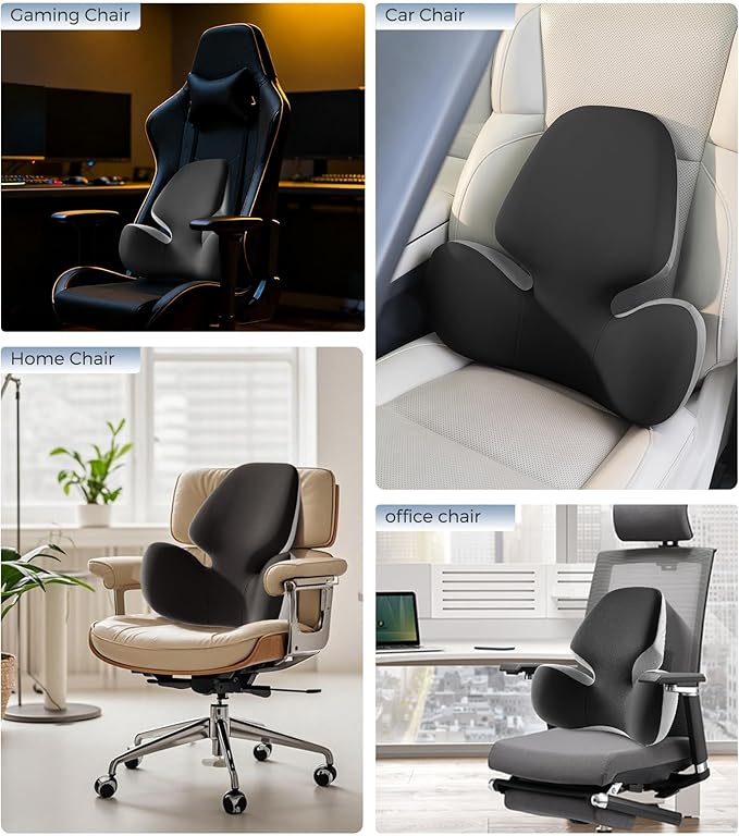 BEBAS Lumbar Support Pillow for Office Chair - Ergonomic Memory Foam Back Cushion for Lower Back Pain Relief - Washable & Breathable Cover - Fits Car Seats, Gaming Chairs & Wheelchairs - Black Gray