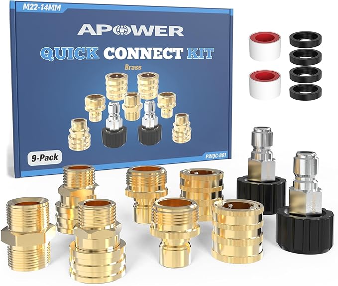 Pressure Washer Quick Connect Kit, M22-14mm to 3/8" Male Female Quick Disconnect Kit for Power Washer, 3/4 Inch Hose Fittings Adapter Set, Brass, 9 pcs