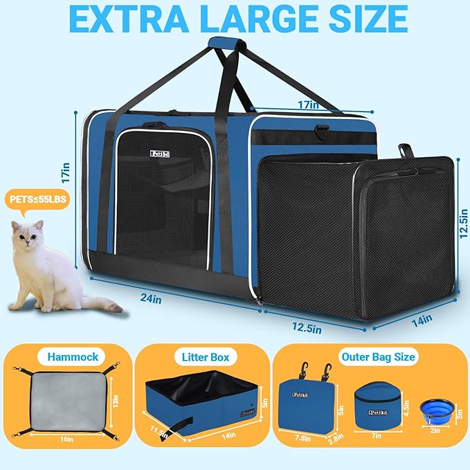Petskd Side Expandable Extra Large Cat Carrier with Litter Box Area, 24"x17"x17" Soft-Sided Pet Carrier for 2 Cats Under 55 lbs with Zipper Locks for Car Travel(Prussian Blue)