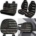 FKELYI Camo Car Seat Covers Full Set American Flag Car Gear Shifter Knob and Handbrake Cover, Breathable Steering Wheel Protector, Headrest Covers,Cup Coasters