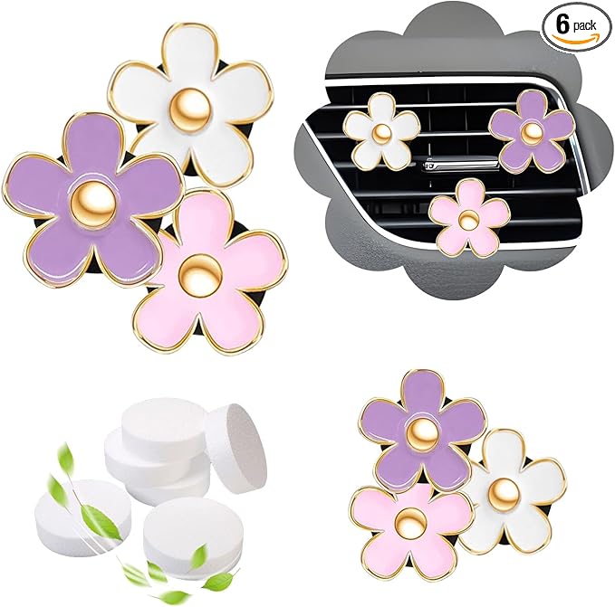 NBTEPEM 6 PCS Daisy Flower Air Vent Clip Car Decoration Accessories Air Conditioning Outlet Clip Car Air Freshener Clip Charm Car Interior Decor(3 cm, 3.3 cm, White, Pink, Purple)