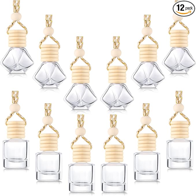Patelai 12 Pcs 8ml Hanging Car Air Freshener Perfume Bottle Empty Clear Glass Essential Diffuser Oil Aromatherapy Fragrance Perfume Pendant Glass Bottle Decor(Stylish Style)