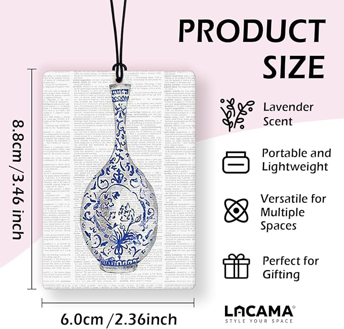 Lacama Retro Blue Chinoiserie Car Air Freshener 3Pcs, Vintage Newspaper Chinoiserie Cars Scents Air Freshener for Women Girls Gifts, Grandmillenial Car Accessories Interior Mirror Decor Hanging