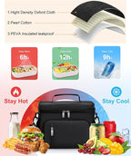 Insulated Lunch Bag for Men & Women, 9L Leakproof Lunch Box Soft Cooler Tote with 5 Pockets, 600D Oxford, EVA Lining, Adjustable Strap for Work, Picnic, Beach&Travel-Black