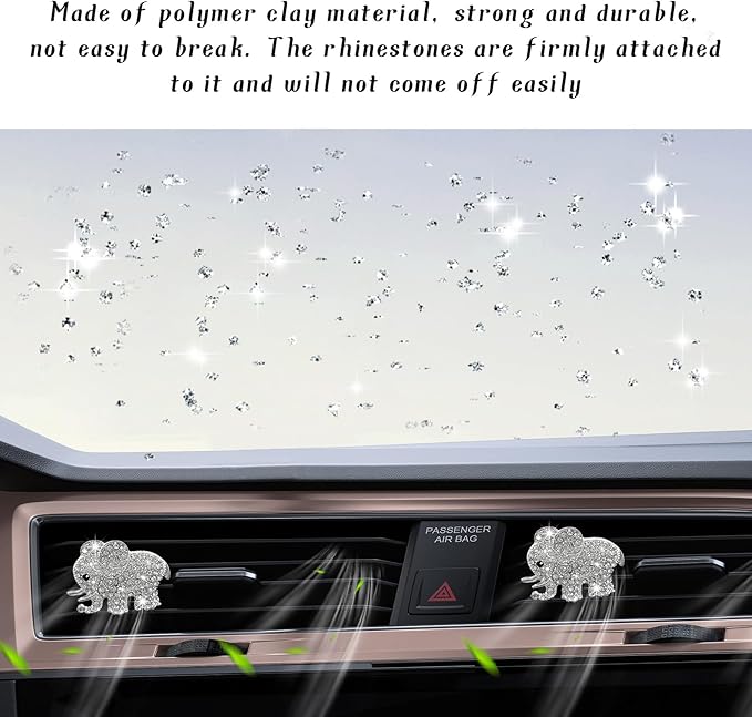 Ziciner 2PCS Bling Heart Car Vent Clips Charms, Elephant Shaped Crystal Air Freshener Vent Clips, Rhinestone Air Conditioning Outlet Clip, Car Decor Accessories for Women Girls