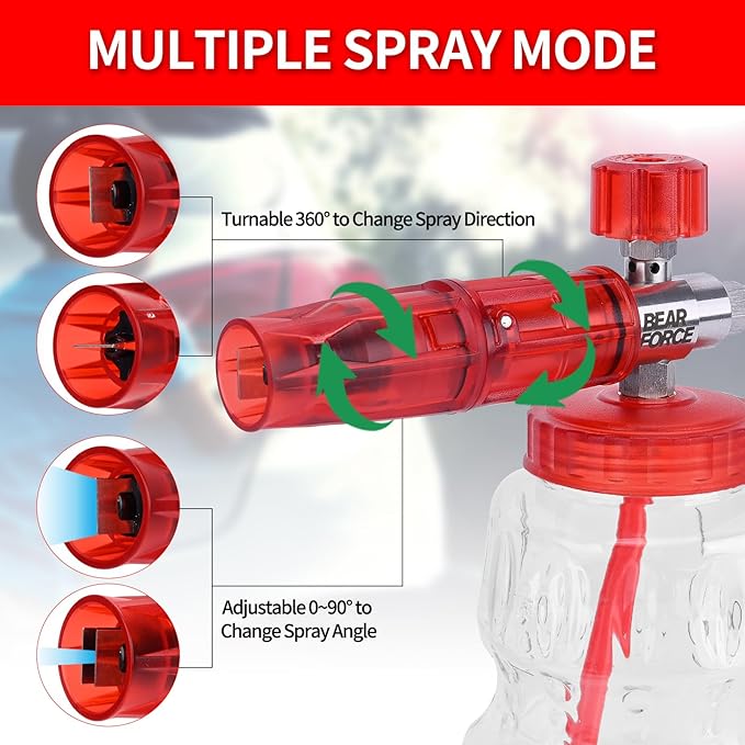 BEAR FORCE Pressure Washer Stainless Steel Foam Cannon Foam Generator with 1/4” Quick Connector & 1.25mm & 1.10mm Orifice Nozzle, 360° Adjustable Thicker Snow Foam with 32 oz Soap Car Wash