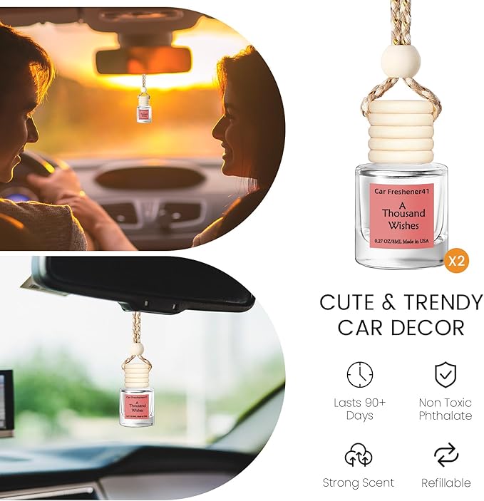 Hanging Car Air Freshener, Long Lasting Essential Oil Diffuser, Non-Toxic New Car Scent, Cute Car Fresheners for Women, 2 Pack Made in USA