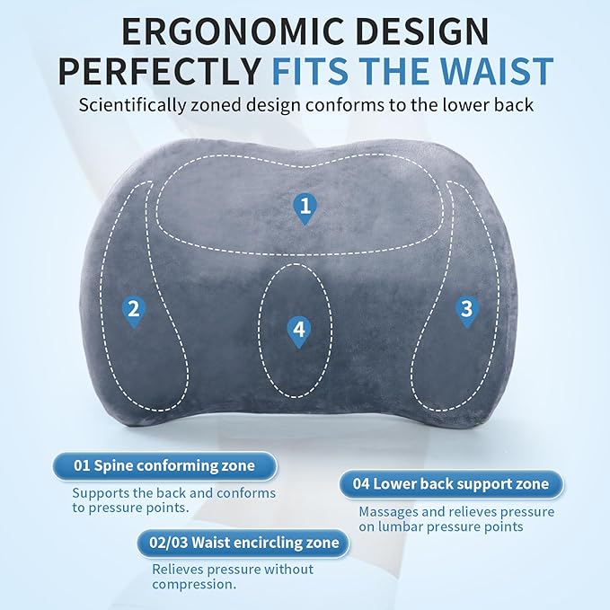 Lumbar Support Pillow for Car, Memory Foam Back Support Lumbar Pillow for Car, Gaming, Office Chair, Ergonomic for Lower Back Pain Relief, Comfortable and Soft Fabric, Crey