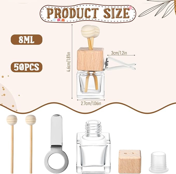 50 Pack Car Air Freshener Diffuser with Vent Clip, Clear Glass Perfume Bottle, Car Diffuser Bottles Empty Bulk for Essential Oil Perfume Glass Bottle with Wooden Caps Stick, for Auto Fragrance