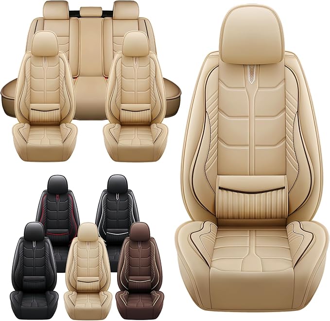 Leather Car Seat Covers Fit for Toyota Matrix 2003-2013, 5 Seater Car Seat Cover, Premium Waterproof, Scratch Resistant Car Interior Accessories (Full Set Beige)