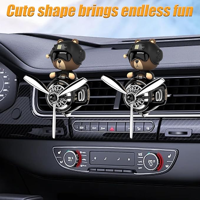 2Pcs Car Air Fresheners, Cute Bear Pilot Automotive Air Outlet Creative Car Perfume Diffuser, Automotive Accessories Air Vent Decoration with 8 Fragrant Tablets (Black 1+Black 1)