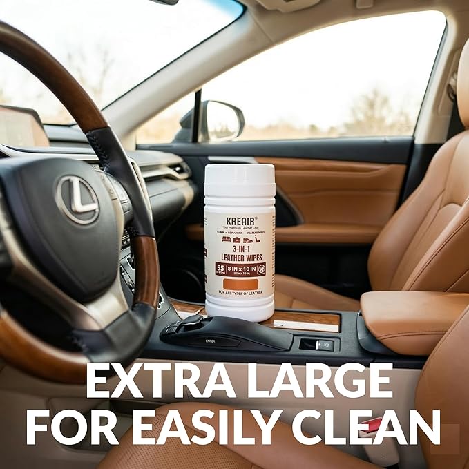 3in1 Leather Wipes 55 Count, Clean, Condition & Restore Shine, XL 8"x10" Extra-Large Wipes for Car Seats, Shoes, Furniture & Bags, For All Types of Leather, Non-Linting, Easy-Pull Lid