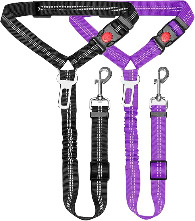 Removable Dog Seat Belt Harness for Car, 3 in 1 Pet Car Seatbelt Leash, Retractable Restraint Secures to Vehicle Headrest & Adjustable Reflective Dog Seatbelt Tether (Purple&Black, 2pcs)