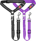 Removable Dog Seat Belt Harness for Car, 3 in 1 Pet Car Seatbelt Leash, Retractable Restraint Secures to Vehicle Headrest & Adjustable Reflective Dog Seatbelt Tether (Purple&Black, 2pcs)