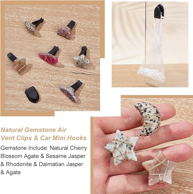 OLYCRAFT 6pcs Star Moon Natural Stone Car Air Vent Clips with Hook Gemstone Car Vent Clips Quartz Crystals Car Vent Clips Teardrop Stones with Copper Wire for Car Air Vent Accessory -6 Styles