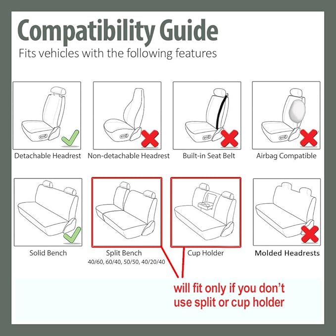 FH Group Car Seat Covers Flat Cloth Automotive Mint Full Set, Rear Solid Bench Universal Fit Combo Steering Wheel Cover & Seat Belt Pads Car Seat Protector for Cars Trucks SUV Interior Accessories