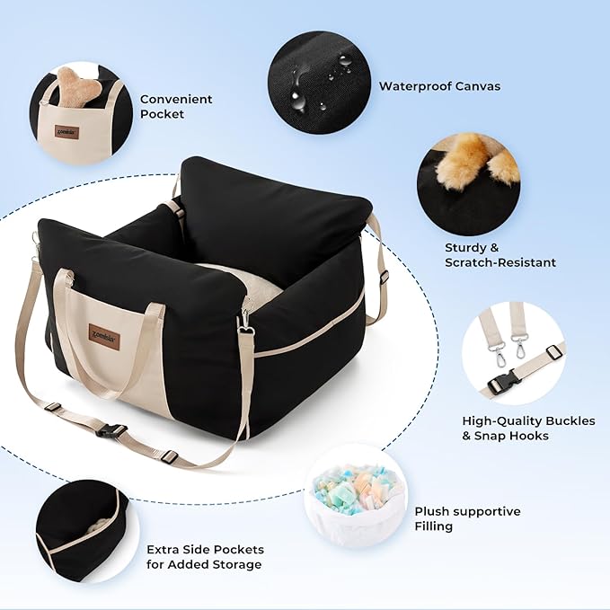 Dog Car Seat for Small Dogs - Waterproof Pet Booster Seat for Car with Clip-On Safety Leash, Travel Carrier for Medium Puppy up to 25 lbs, Memory Foam Filling and Adjustable Buckles, Black