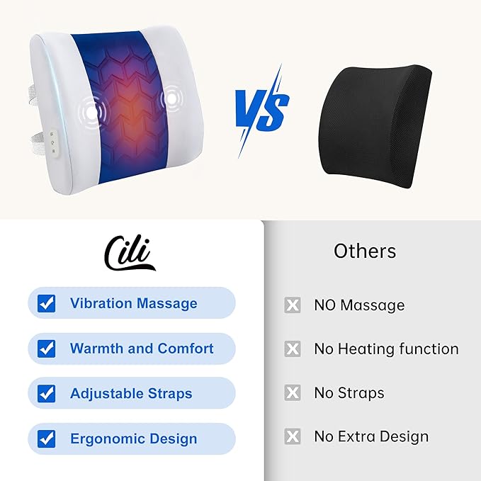CILI Lumbar Support Pillow for Office Chair, Heated Back Support with Vibration, Back Massager for Chair, Rest Cushion Pillow for Desk Chair Sofa, Gifts for Mom Dad Women Men(Blue)