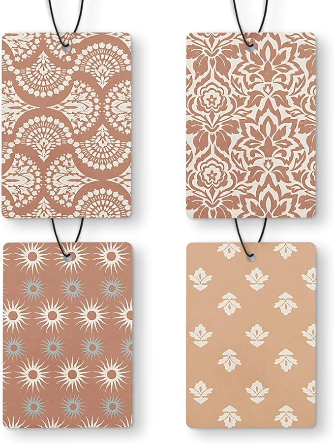 Boho Neutral Floral Car Air Freshener 4 Pcs, Terracotta Sunshine Damask Floral Hanging Air Freshener for Cars Closet Drawer Books, Boho Flower Car Accessories for Women