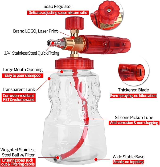 BEAR FORCE Pressure Washer Brass Foam Cannon Foam Generator Snow Foam Lance with 1/4” Quick Connector & 1.25mm & 1.10mm Orifice Nozzle, 360° Adjustable Thicker Snow Foam with 32 oz Soap Car Wash