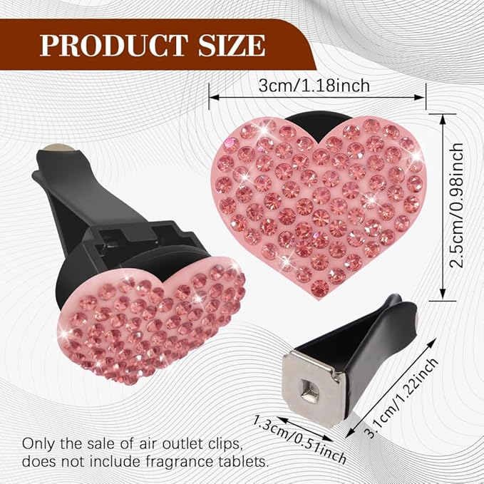 2PCS Heart-Shaped Car Vent Clip with Rhinestone, Car Vent Accessory, Bling Heart Charm Air Conditioning Outlet Clip, Auto Diffuser Air Freshener Charm for Women Girls (Pink, Heart)