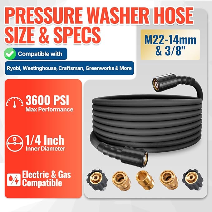 YAMATIC 3600PSI Pressure Washer Hose For Power Washer 50FT X 1/4", Kink Resistant Heavy Duty Power Washer Extension Replacement Hose With M22-14mm x 3/8" Quick Connect Kit For Gas & Electric