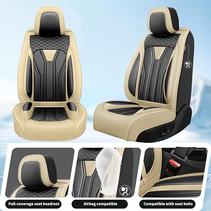 Fit Murano Car Seat Covers Compatible with Nissan Murano 2004-2025 2026 - Premium Leather， Waterproof Breathable， All-Weather Seat Cushion Protecto&Airbag Compatible (2 Front Seat Beige&Black)