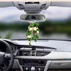 Car Hanging Ornament Cute Crochet Car Hanging Plant Basket, Knitted Boho Plant Decor, Rear View Mirror Decoration Accessories-White Flower
