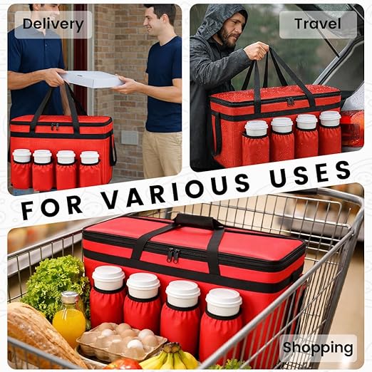 CIVJET Insulated Food Delivery Bag with 4 Cup Holders, XXX-Large Insulated Grocery Bags Keep Food Hot/Cold, Cooler Bags with Drink Carrier, Food Carrier Catering Bag, Commercial Food Warmers, Red