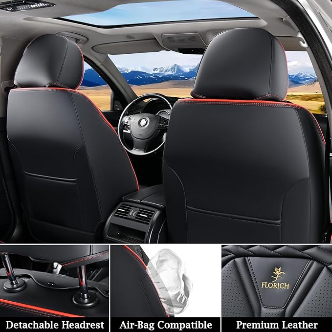 FLORICH Leather Seat Covers, Seat Covers Full Set, Car Seat Protectors 5 Seats, Automotive Seat Covers Fit for Most Cars Trucks SUV-Black&Red Line