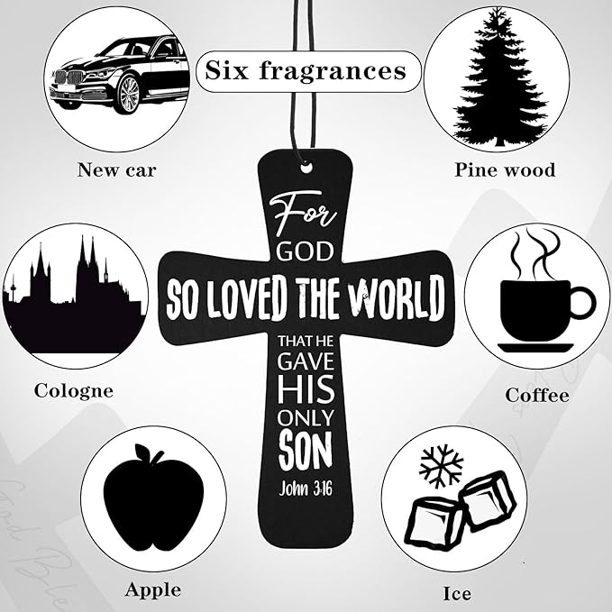 Fumete 24 Pcs Easter Christian Cross Car Air Fresheners Gift Bulk Drift Air Freshener Religious Fresh Scented Hanging Ornaments for Church Sunday School Gifts (So Loved the World)