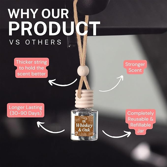CE Craft Whiskey + Oak Car Air Hanging Fragrance Oil Diffuser, Air Freshener for Essential Oils, Scents Aromatherapy Automobile, Long Lasting Car Fresh