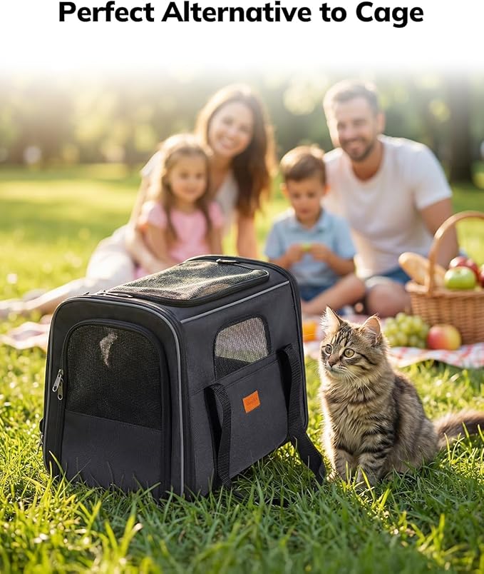 Morpilot Pet Carrier for Large Cats, Small Dogs & Puppies Up to 25lbs, Escape-Proof with Locking Zippers, Dual-Sided Cushion, Safety Buckle for Car & Vet Travel, Includes Foldable Bowl (Dark Gray)