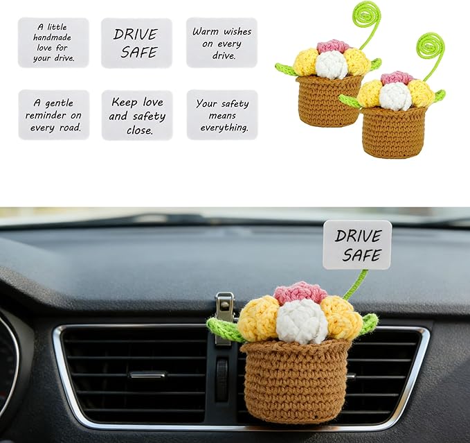 SUNACE 2 Pcs Cute Crochet Plant Car Vent Clips, Handmade Plant Pots Car Air Freshener with 6 Scent Cards, Car Interior Decor Accessories Gift for Women, for Car Vents, Home & Office Spaces