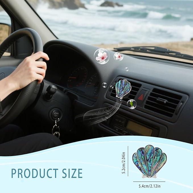 Seashell Car Decor,Coastal Car Air Freshener,Iridescent Abalone Seashell Air Vent Clips,Ocean Themed Car Interior Dashboard Accessories,Girly Refillable Diffuser